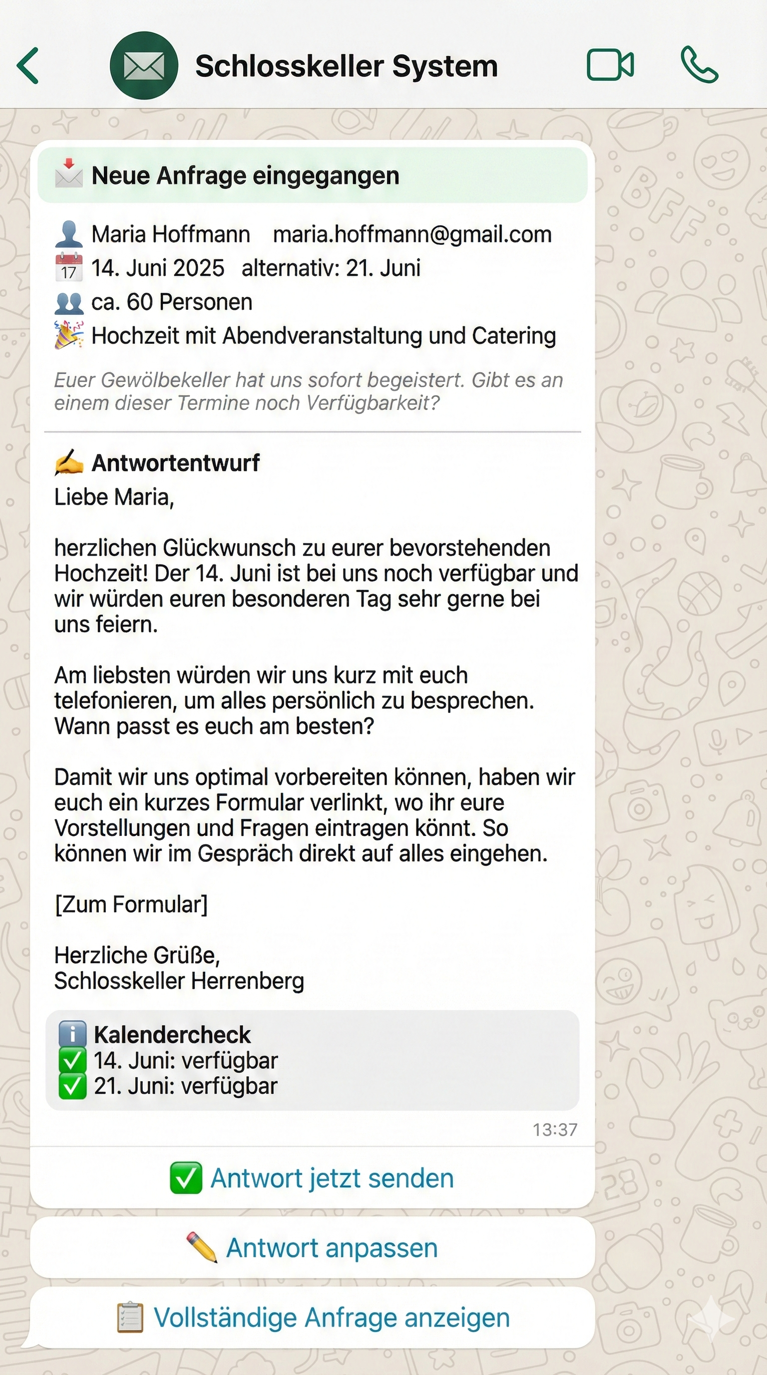 WhatsApp Benachrichtigung mit Antwortentwurf